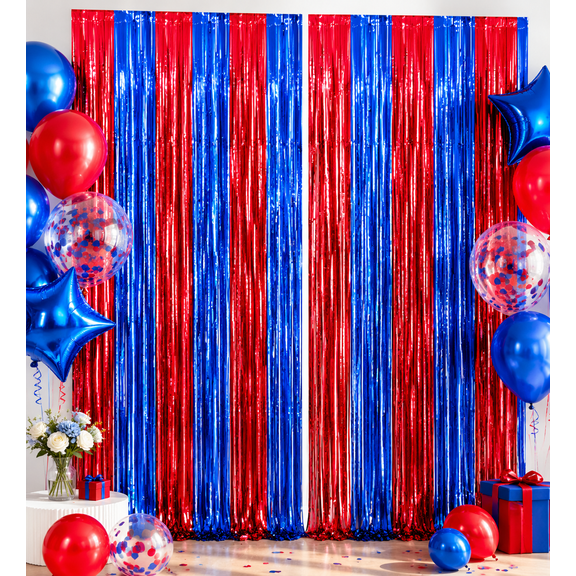 2 Pack Red and Blue Foil Fringe Curtains, Tinsel Streamer Backdrop for Photo Booth, Birthday, Bachelorette, Wedding, Baby Shower, Graduation Party Decorations, 3.3 x 6.6 ft