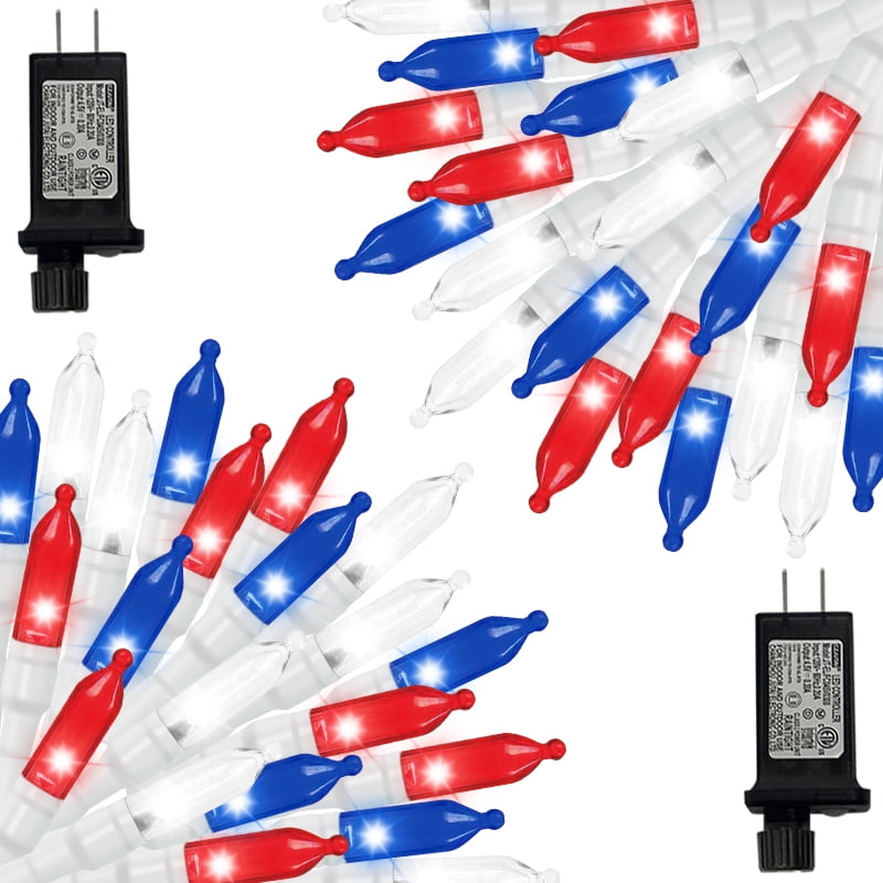 2 Pack Red Blue White Christmas Mini Lights, 32.5FT 100 LED Clear Bulbs String Lights with 16 Light Modes, Fairy Lights Plug in for Outdoor Xmas Trees Garland Wreath Holiday Decorations
