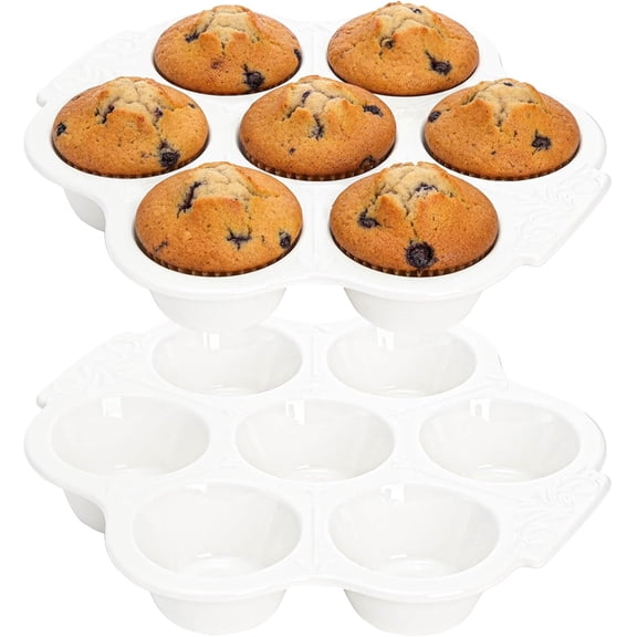 2 Pack Red Ceramic Muffin Pans, 7 Cup Nonstick Cupcake Baking Pans with Floral Handles, Oven & Dishwasher Safe Muffin Tins for Muffins, Cupcakes, Mini Cheesecakes, Holiday Baking Gift