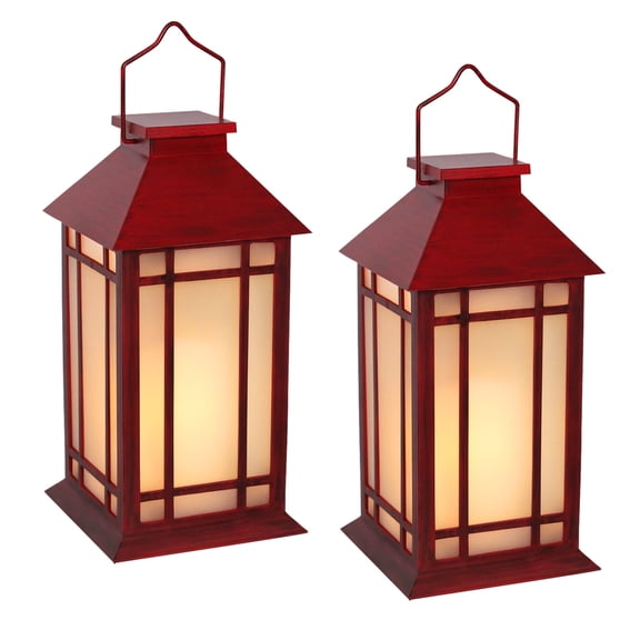 2 - Pack Red Christmas Lanterns with Timer & Flickering Flame,Portable Handle,Decorative Lanterns,for Indoor/Outdoor Holiday Decor,Christmas Decor