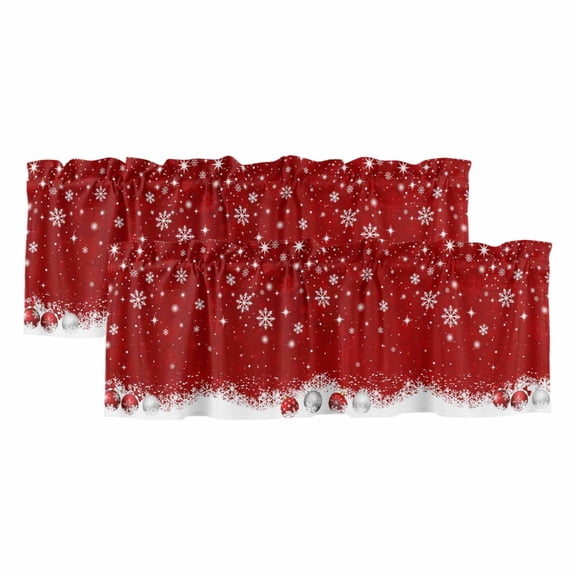 2 Pack Red Christmas Valances for Windows Bedroom Living Room Window Treatments, Snowflake Winter Xmas Ball Rod Pocket Valance Drapes Short Kitchen Curtains Over Sink 42"x12"