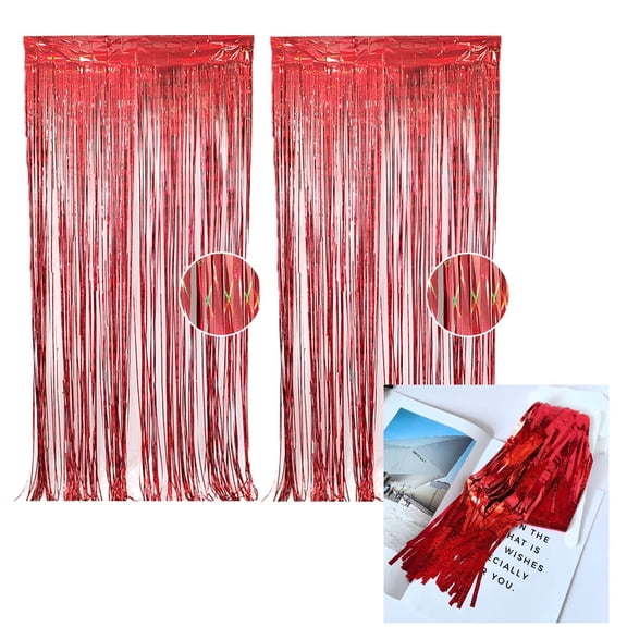 2 Pack Red Color Tinsel Backdrop 39in x 79in , Metallic Foil Backdrop Fringe Curtains Party Streamer, Party Decorations Photo Backdrop for Birthday