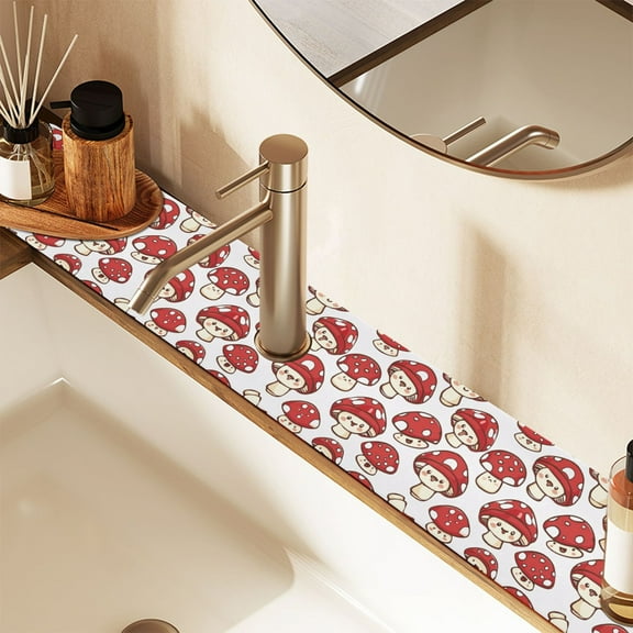 2 Pack Red Cute Mushrooms Faucet Mat for Kitchen Sink 30'' Sink Splash Guard Mat Super Absorbent Fast Drying Drain Pad