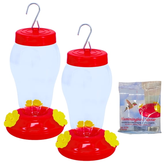 2-Pack Red Hummingbird Feeder with Hanging Hook, 7in. & Nectar Pack, Outdoor Plastic Bird Feeder with Multiple Feeding Ports Easy Fill Clear Reservoir for Garden Patio Balcony Backyard
