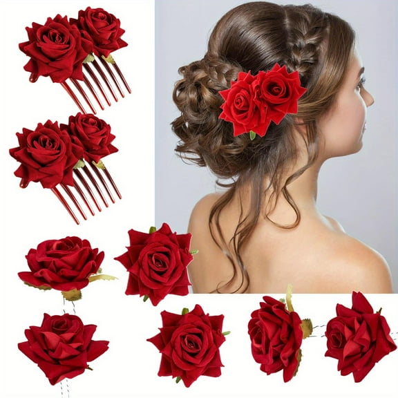 2 Pack Red Rose Hair Accessories Simulation Flower Edge Clip Retro Rose Clips Fashion Accessories