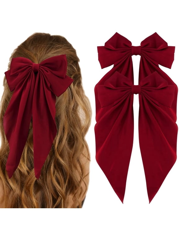 2 Pack Red Silky Satin Hair Bows,Big Hair Bows for Women Hair Ribbons Oversized Long Tail Hair Bow Black Hair Bow Large Hair Ribbon Barrettes Metal Clips Bowknot Aesthetic Hair Accessories