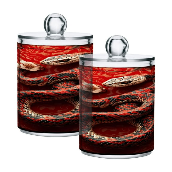 2 Pack Red Snake Lanterns Plum Blossoms Qtip Holder Dispenser Clear Plastic Storage Apothecary Jars for Cotton Swabs Balls Pads Floss