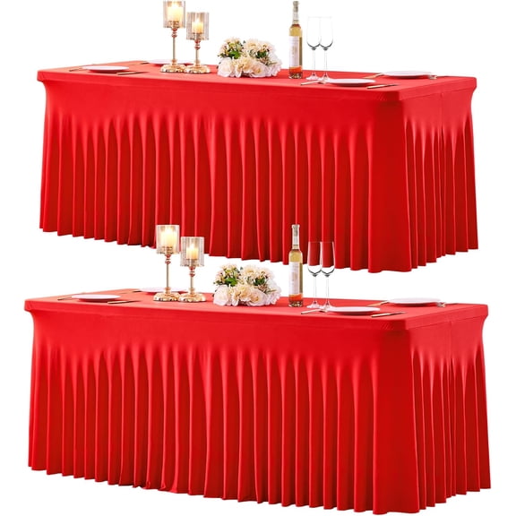 2 Pack Red Spandex Stretch Tablecloth for 6 Foot Rectangle Tables