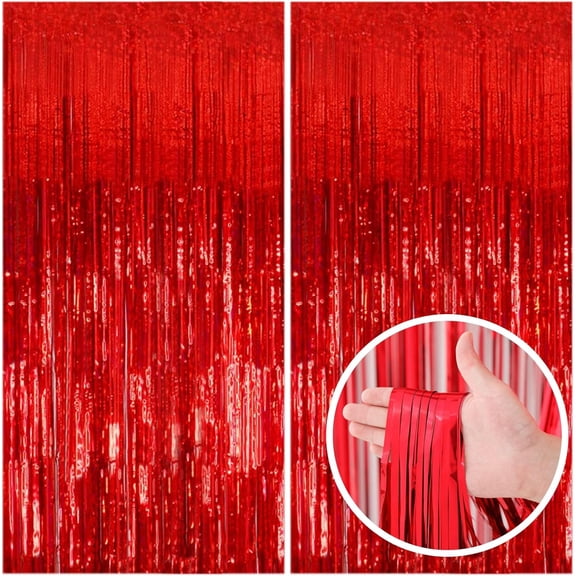 2 Pack Red Streamers Party Backdrop Christmas Decorations Foil Fringe Curtains Carnival Casino Theme Birthday New Year Holiday Celebration Bachelorette Supplies