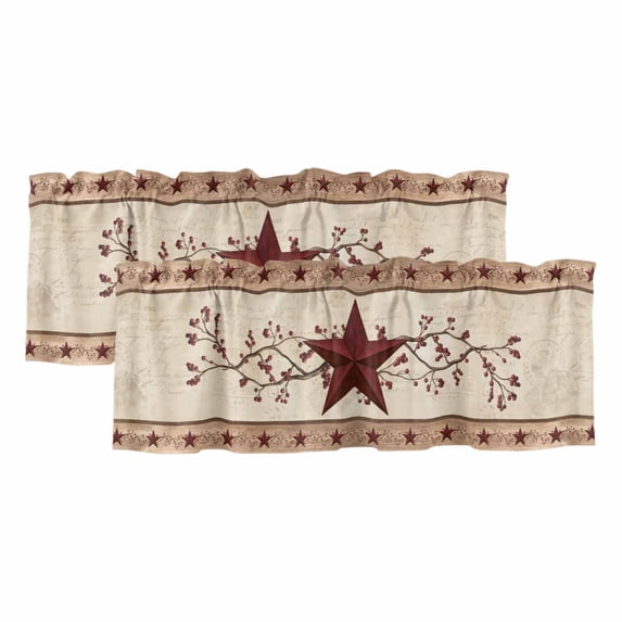 2 Pack Red Texas Star Rustic Valances for Windows Bedroom Living Room Window Treatments, Farmhouse Berry Brown Wooden Rod Pocket Valance Drapes Short Kitchen Curtains Over Sink 60"x18"
