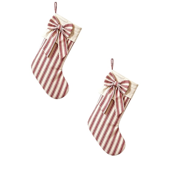 2 Pack Red & White Stripe Christmas Stockings with Retro Bow, Classic Holiday Stocking Set for Fireplace Mantel, Stair Rail, Door & Xmas Tree Decor