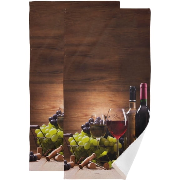 2 Pack Red Wine Hand Towels for Bathroom,Soft Absorbent Green Grapes Glasses of Wine Brown Wooden Planks Farmhouse Decorative Guest Bathroom Towels,Quick Dry Dish Kitchen Towels 14"x28"