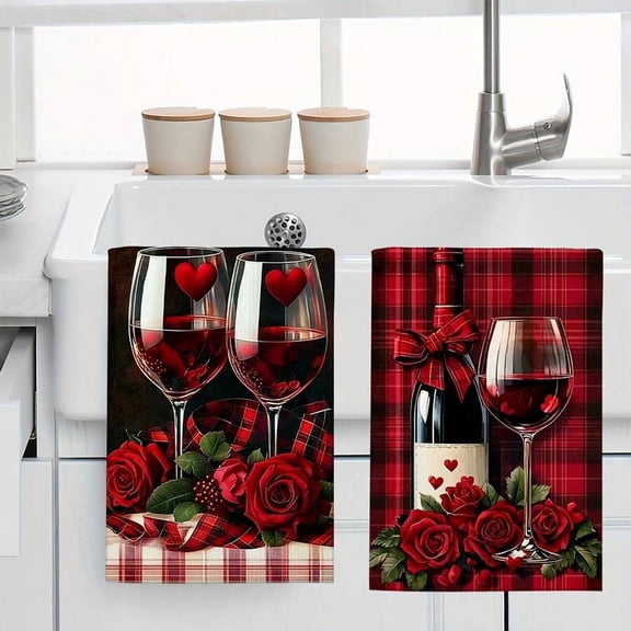 2-Pack Red Wine Theme Kitchen Towels With Roses, Hearts & Plaid Print, Color 4