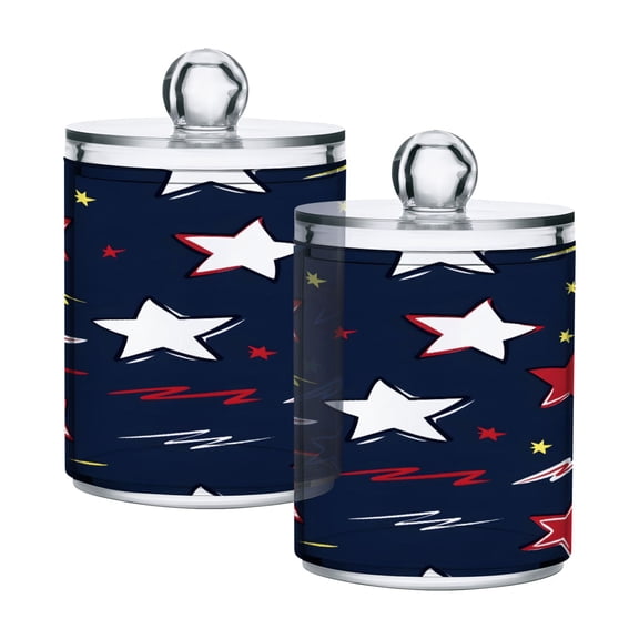 2 Pack Red Yellow Stars Sparks Lightning Qtip Holder Dispenser Clear Plastic Storage Apothecary Jars for Cotton Swabs Balls Pads Floss