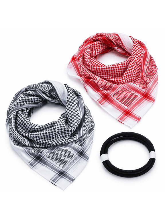 2-Pack Red and Black Polyester Arab Shemagh Keffiyeh Headscarves with 2 Agal Ropes
