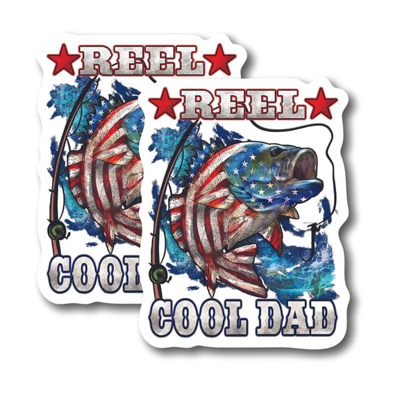 (2 Pack) Reel Cool Dad Fisherman American Flag Bass Stickers - 5" On Longest Side - for Car, Truck, SUV - Easy Peel and Stick Vinyl Decals - Made in USA - BMCS0128