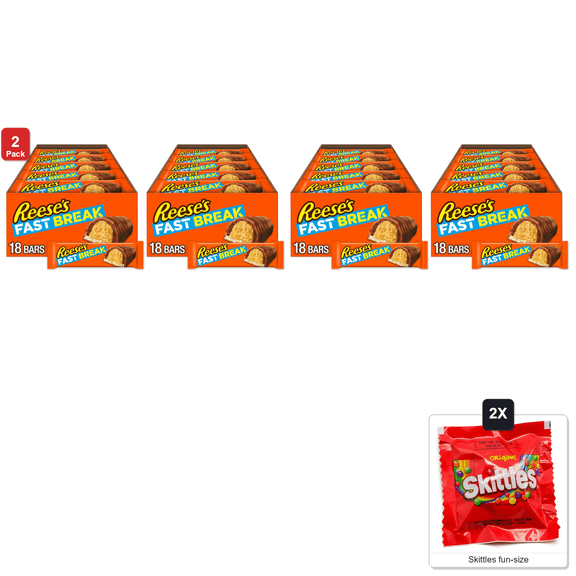 2 Pack | Reese's Fast Break Peanut Butter Nougat Candy Bars, 36 Bars x 1.8 oz Each, with 2 Skittles Fun Size