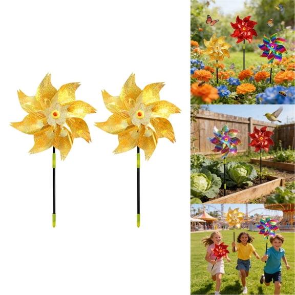 2 Pack Reflective Pinwheels Wind Spinner, Extra Sparkly Pinwheel with Stakes, Bird Repellent Blinder Devices Deterrent to Scare Birds Away from Yard Patio Farm Garden,Yellow