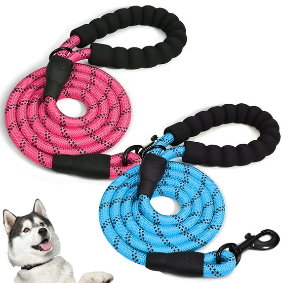 2 Pack Reflective Strong Rope Dog Leash with Comfortable Padded Handle Heavy Duty Metal Clasp for Dogs for Pets (5 FT, Pink+Blue)