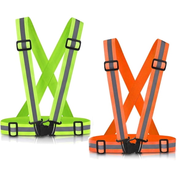 2 Pack High Visibility Reflective Suspender Safety Vests, Green & Orange Adjustable Straps for Running, Cycling, Walking & Outdoor Work