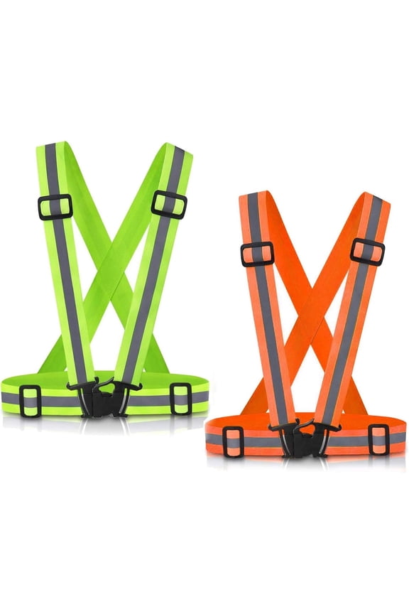 2 Pack High Visibility Reflective Suspender Safety Vests, Green & Orange Adjustable Straps for Running, Cycling, Walking & Outdoor Work
