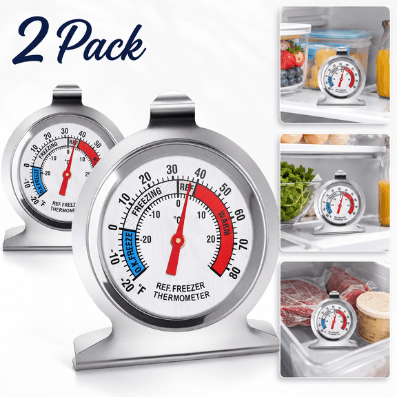 2 Pack Refrigerator Thermometer, -30~30°C/-20~80°F, Classic Fridge Analog Thermometer Large Dial with Red Indicator Thermometer for Freezer Refrigerator Cooler