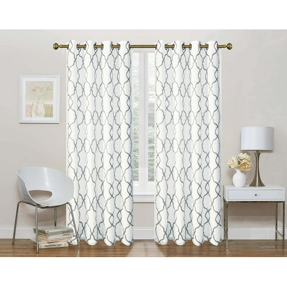 2 Pack: Regal Home Collections Geo Lattice Semi Sheer Grommet Top Curtain Panels With a Satin Backing For Privacy - Gray, 63 in. Long