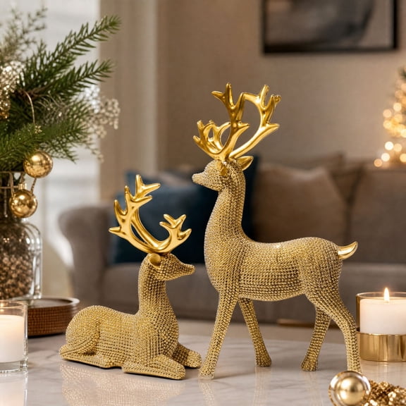 2 Pack, Reindeer Christmas Decor Gold Figurine Set, Gold Home Decor Statues for Home Decor, Festive Christmas Decorations for Home for Mantel Shelf Table Display, Gold