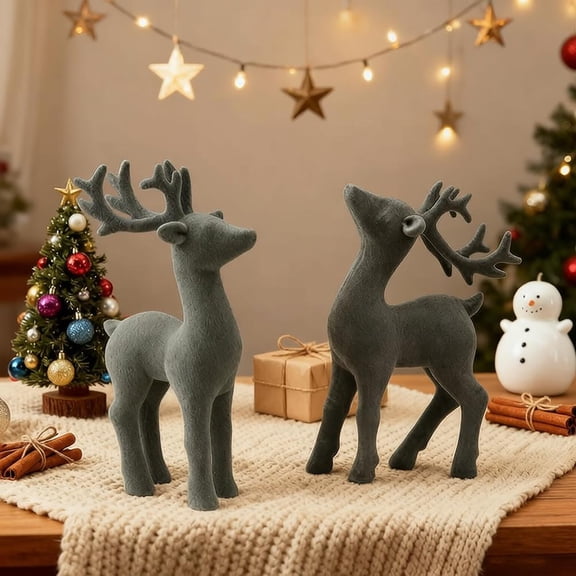 2 Pack Reindeer Figurine Set, 6.69 X 3.93 Inch, Molded Blend Gray Table And Shelf Decor, Gray