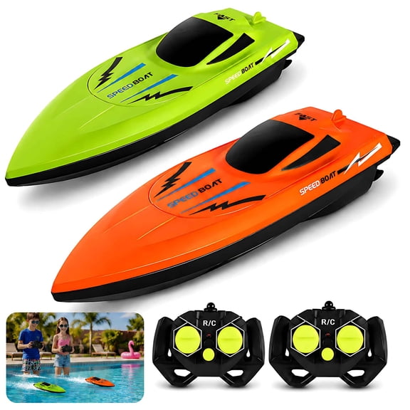 2 Pack Remote Control Boats for Kids, 2.4GHz Pool Racing Boat Set with Dual Motors and 2 Controllers for Swimming Pools, Green and Orange, Ages 6+
