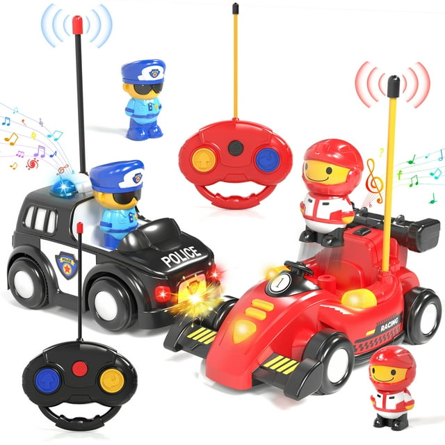 2 Pack Remote Control Cartoon Race & Police RC Car for Toddlers - Toys for 2 3 4 5 Year Old Boy, Easter Birthday Toy Gift Ideas for Toddler