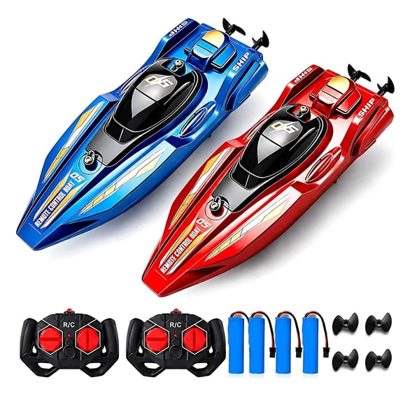2 Pack Remote Control Racing Boat Set, 2.4GHz Dual Motor Water Toy with 4 Rechargeable Batteries, Red and Blue Boats for Kids Boys Girls