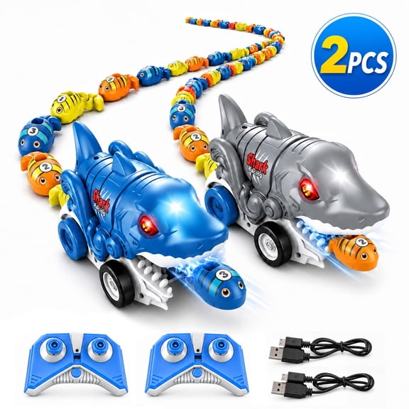 2-Pack Remote Control Shark Car Toys, Blue and Gray USB Rechargeable RC Vehicles with Magnetic Fish Catching Game