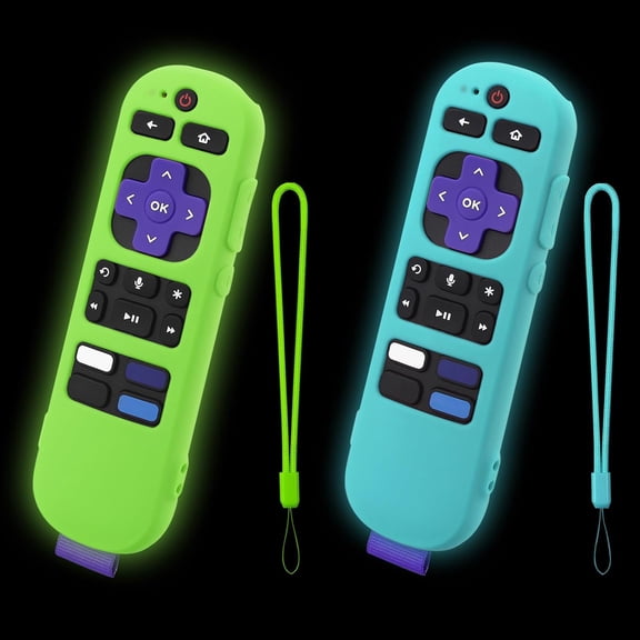 2-Pack Remote Cover for Roku Voice & TV Remote Control, Glow Green + Blue | Silicone Case for Roku Official Remote Controller RCA1R RCC1R, with Lanyard, Glowing in the Dark, GITD!