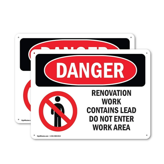 (2 Pack) Renovation Work Contains Lead Do Not Enter OSHA Danger Sign 18 Inch X 12 Inch Plastic Sign, Weather Resistant, UV Protected for Workplace, Business, and Construction Site, Made in the USA