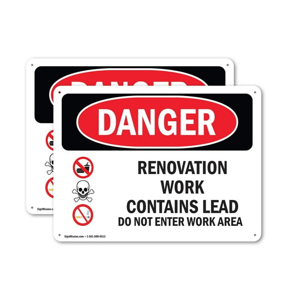 (2 Pack) Renovation Work Contains Lead Do Not Enter OSHA Danger Sign 24 Inch X 18 Inch Plastic Sign, Weather Resistant, UV Protected for Workplace, Business, and Construction Site, Made in the USA