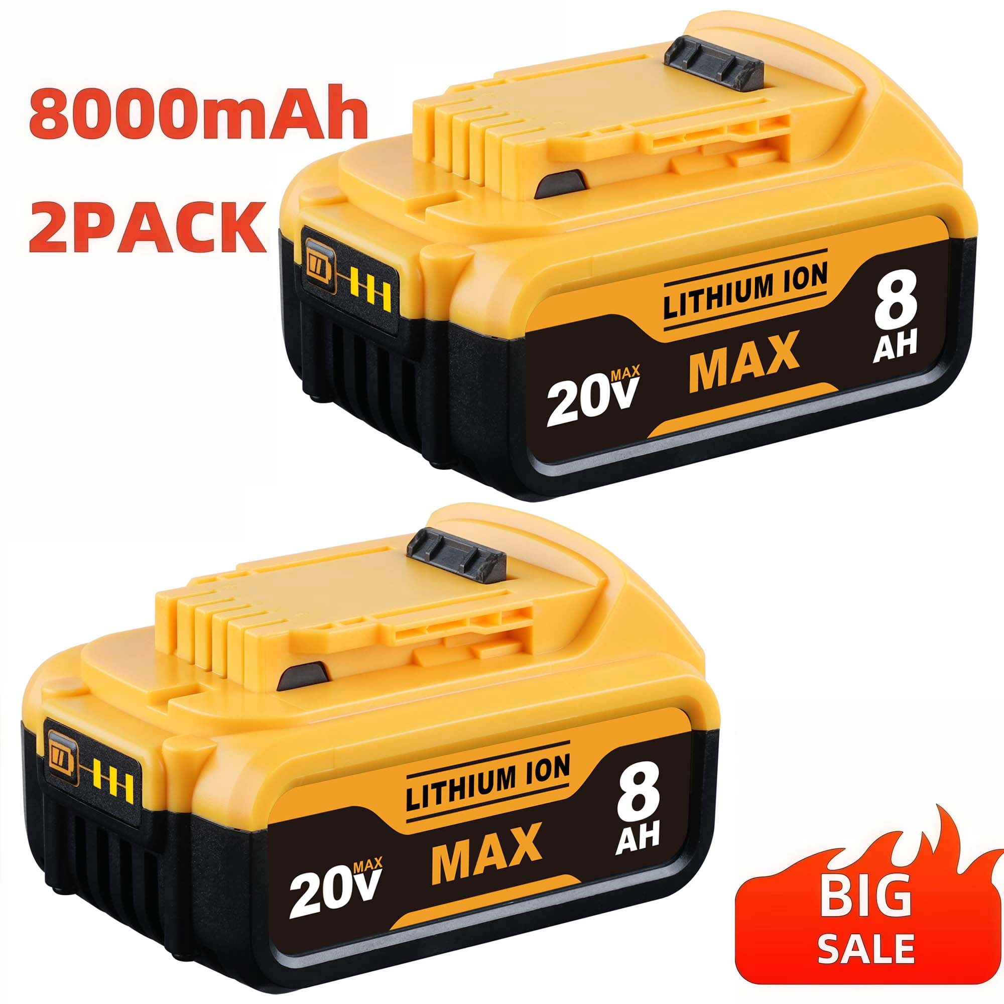 2-Pack Replace for Dw 20V Max Battery 8000mAh, Replacement for dewalt 20v Batteries DCB200 DCB201 DCB206 DCB204 DCB208, Compatible with DeWalt 20V Cordless Power Tools and Chargers