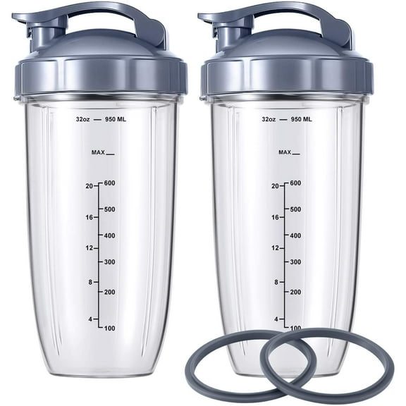 2 Pack Replacement Parts 32oz Cups with Flip-Top To-Go-Lid and Rubber Gaskets Compatible with NutriBullet 600w/900w Blender Accessory