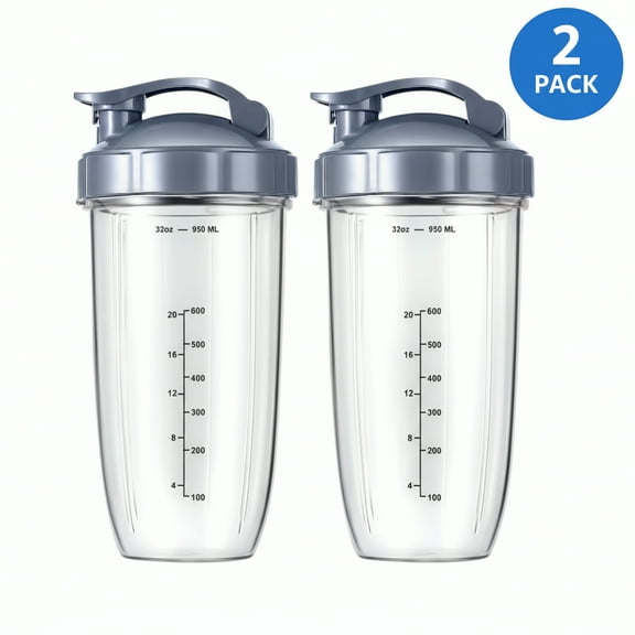 2 Pack Replacement Parts 32oz Cups with Flip-Top To-Go-Lid and Rubber Gaskets Compatible with NutriBullet 600w/900w Blender Accessory