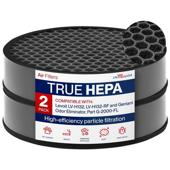 LV-H132-RF True HEPA + Carbon Filter G-2000-FL Compatible with LEVOIT LV-H132 & Geniani G-2000 Air Purifiers by LifeSupplyUSA (2-Pack)