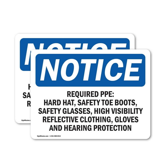 (2 Pack) Required PPE Hard Hat Safety Toe Boots OSHA Notice Sign 18 Inch X 12 Inch Vinyl Label Decal Sticker Weather Resistant, UV Protected for Workplace, Business, and Construction
