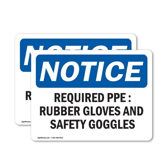 (2 Pack) Required PPE Rubber Gloves And Safety Goggles OSHA Notice Sign 10 Inch X 7 Inch Indoor / Outdoor Rust-Free Aluminum Metal Signs for Workplace, Workshop, and Construction Site,