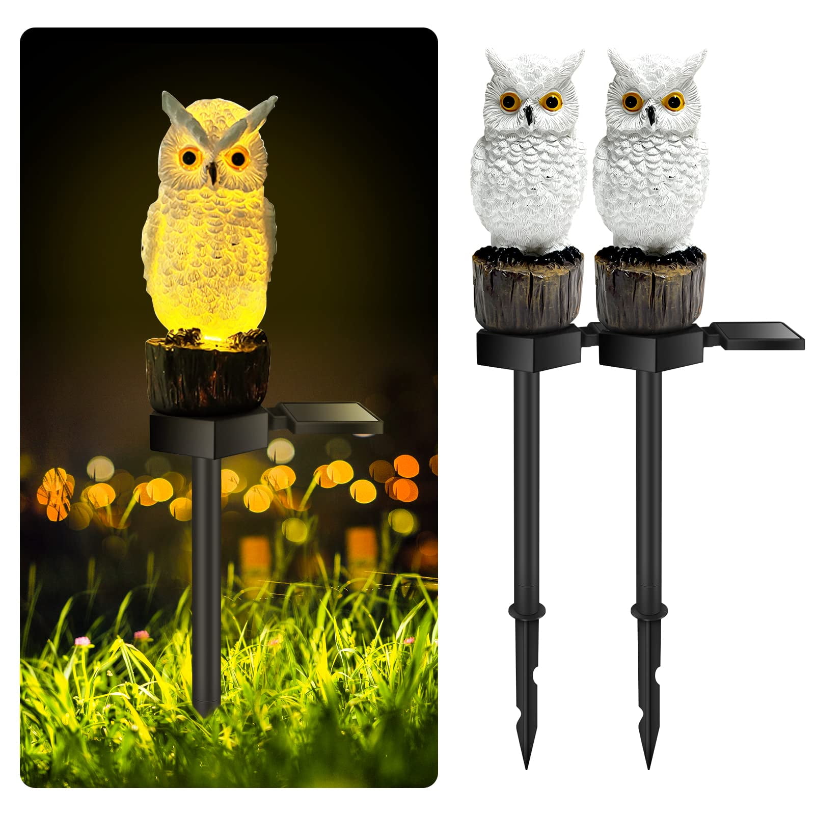 2 Pack Resin Owl PEF1 Sculpture with Solar LED Lights and Stake
