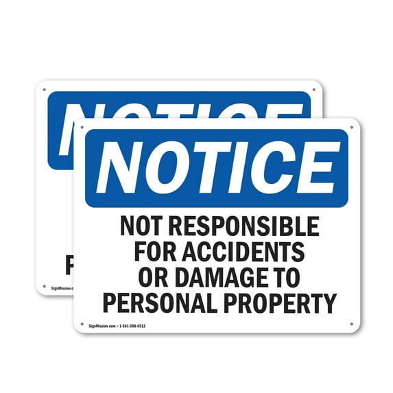 (2 Pack) Not Responsible For Accidents Or Damage OSHA Notice Sign 24 Inch X 18 Inch Plastic Sign, Weather Resistant, UV Protected for Workplace, Business, and Construction Site, Made in