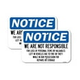 thumbnail image 1 of (2 Pack) We Are Not Responsible for Loss of Personal Items or Valuables Left in Vehicles Due to Fire or Theft While in Our Possession | 18" X 24" Heavy-Gauge Aluminum Sign | Rust Free, 1 of 4