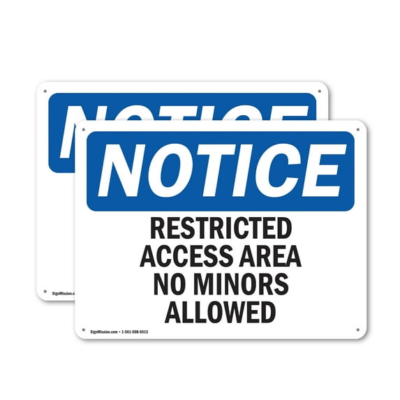 (2 Pack) Restricted Access Area No Minors Allowed OSHA Notice Sign 18 Inch X 12 Inch Plastic Sign, Weather Resistant, UV Protected for Workplace, Business, and Construction Site, Made