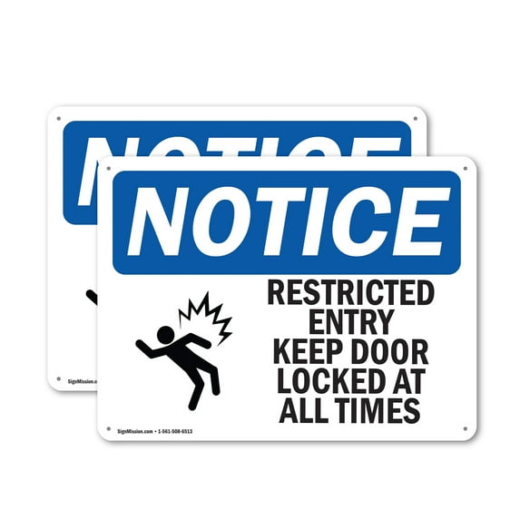 (2 Pack) Restricted Entry Keep Door Locked OSHA Notice Sign 24 Inch X 18 Inch Indoor / Outdoor Rust-Free Aluminum Metal Signs for Workplace, Workshop, and Construction Site, Made in the