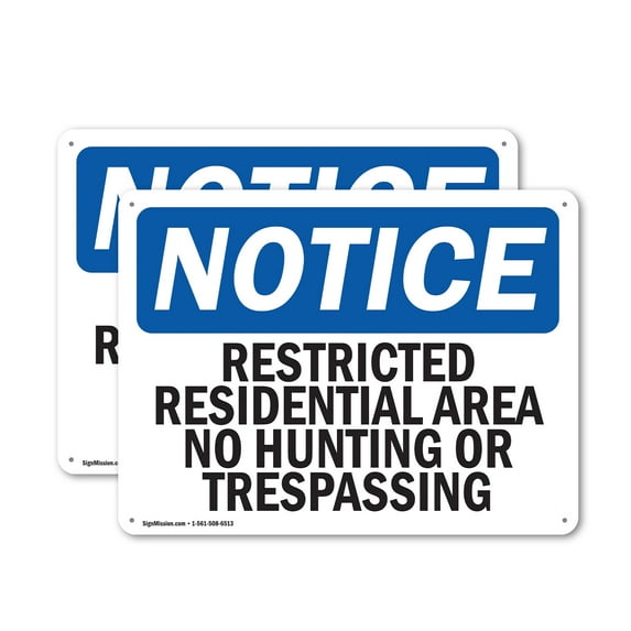 (2 Pack) Restricted Residential Area No Hunting Or OSHA Notice Sign 14 Inch X 10 Inch Plastic Sign, Weather Resistant, UV Protected for Workplace, Business, and Construction Site, Made