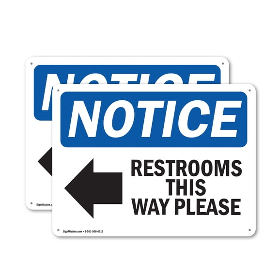 (2 Pack) Restrooms This Way Please [Left Arrow] OSHA Notice Sign 18 Inch X 12 Inch Plastic Sign, Weather Resistant, UV Protected for Workplace, Business, and Construction Site, Made in