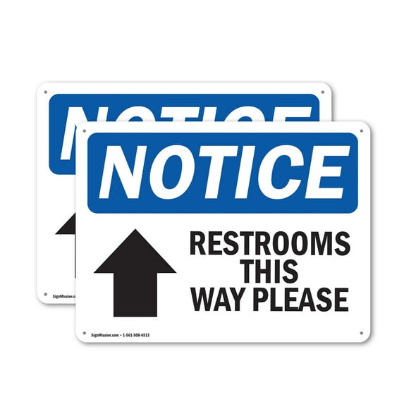 (2 Pack) Restrooms This Way Please [Up Arrow] OSHA Notice Sign 14 Inch X 10 Inch Indoor / Outdoor Rust-Free Aluminum Metal Signs for Workplace, Workshop, and Construction Site, Made in the USA